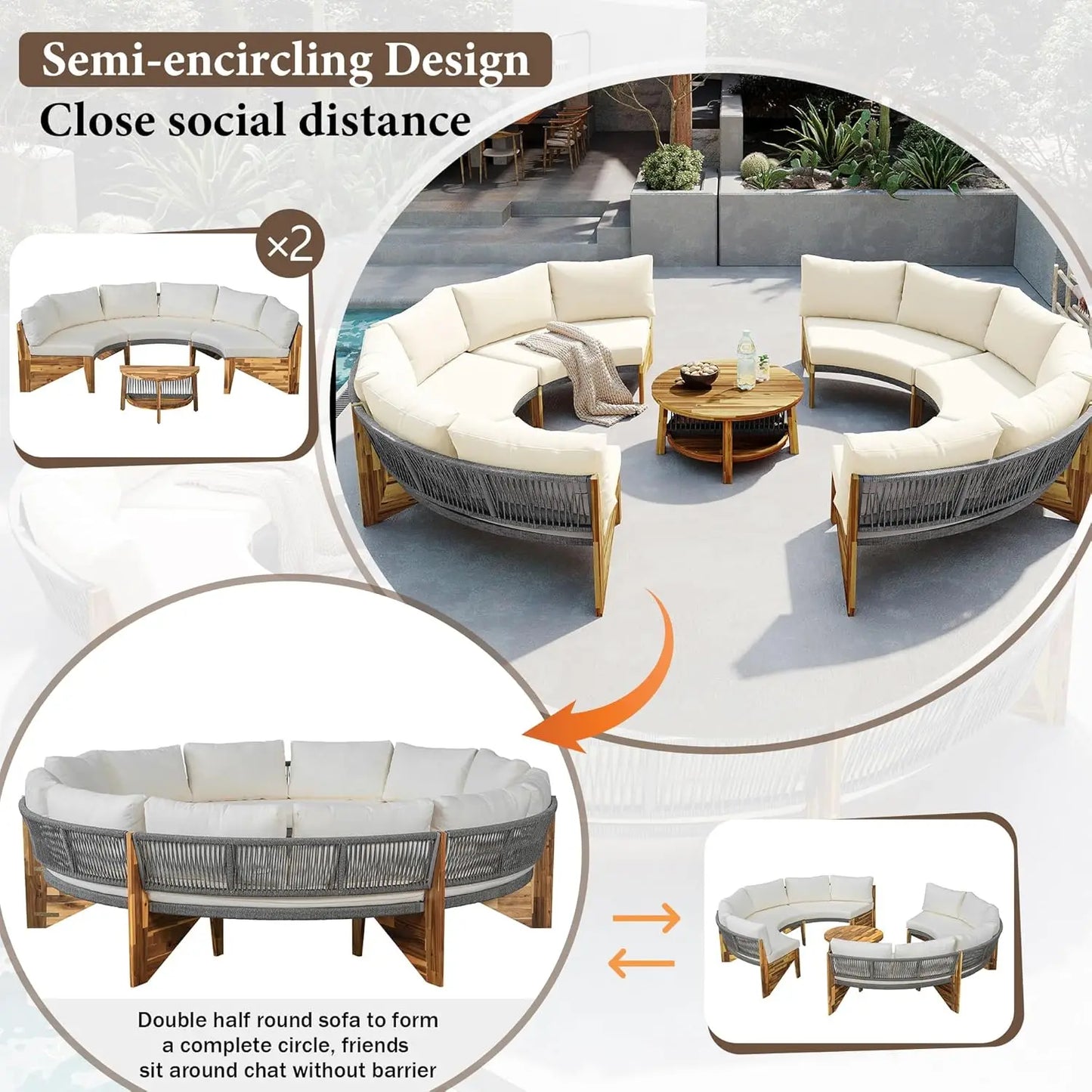 Acacia Wood Half Moon Outdoor Sofa Set With Coffee Table