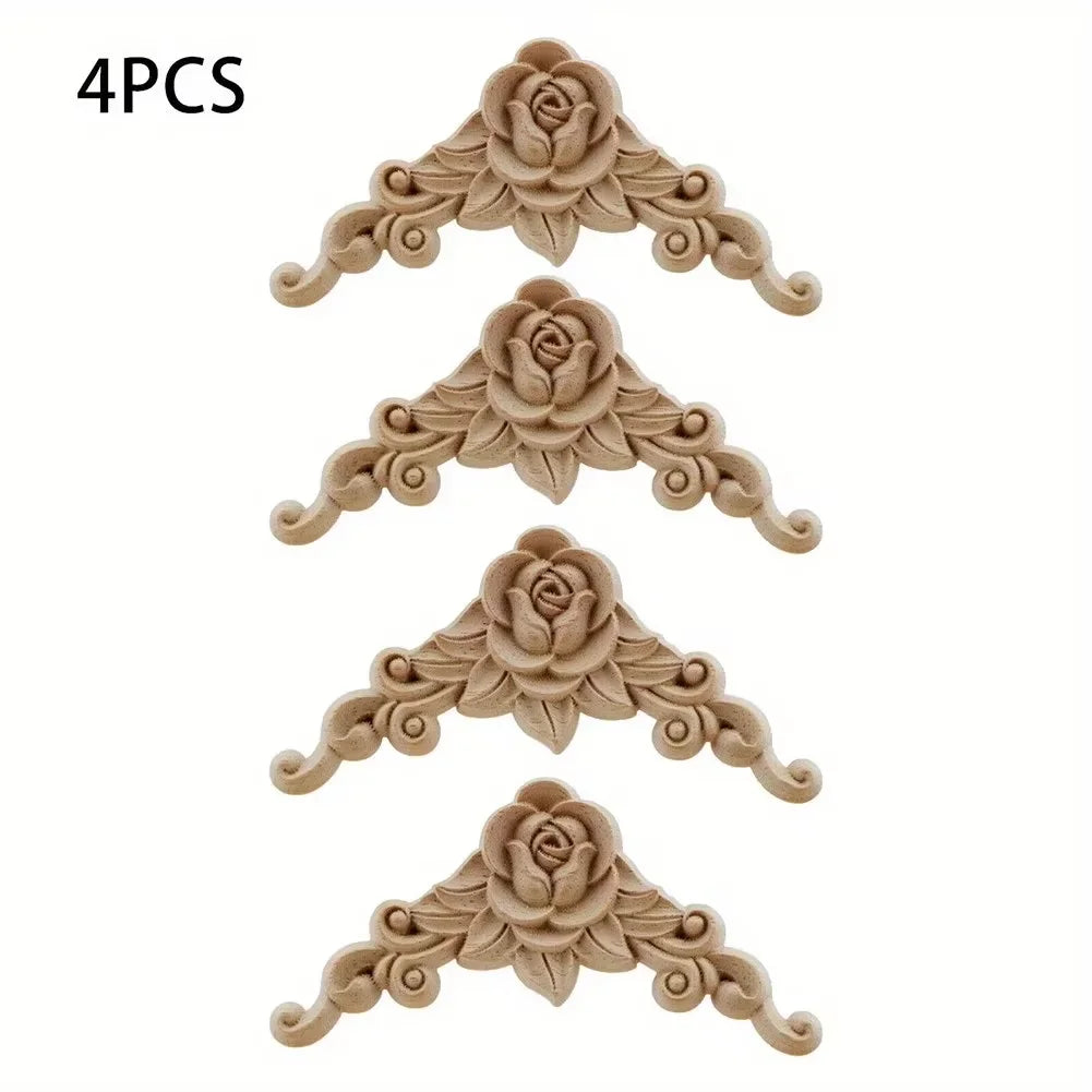 Natural Carved Wooden Floral Corner Wall Decor Applique Set