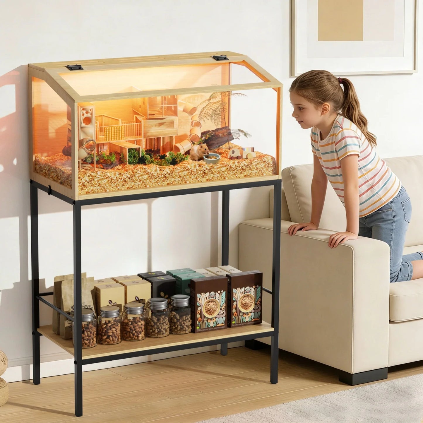 Wooden Hamster Cage With Tempered Glass And Storage Shelf