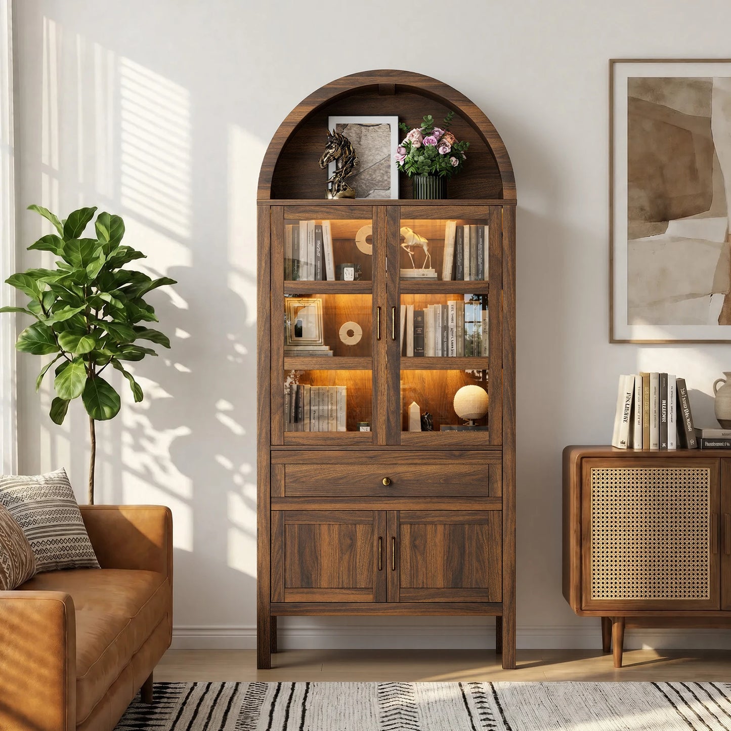 Cottinch Arched Wood Cabinet Featuring Led Lights And Adjustable Shelves