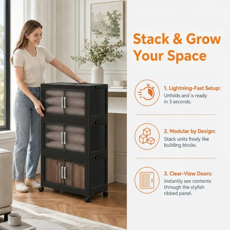 Five Tier Foldable Storage Cabinet With Wheels And Double Doors