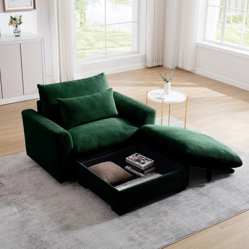 Modern Green Corduroy Modular Sofa With Storage Ottoman For Living Room
