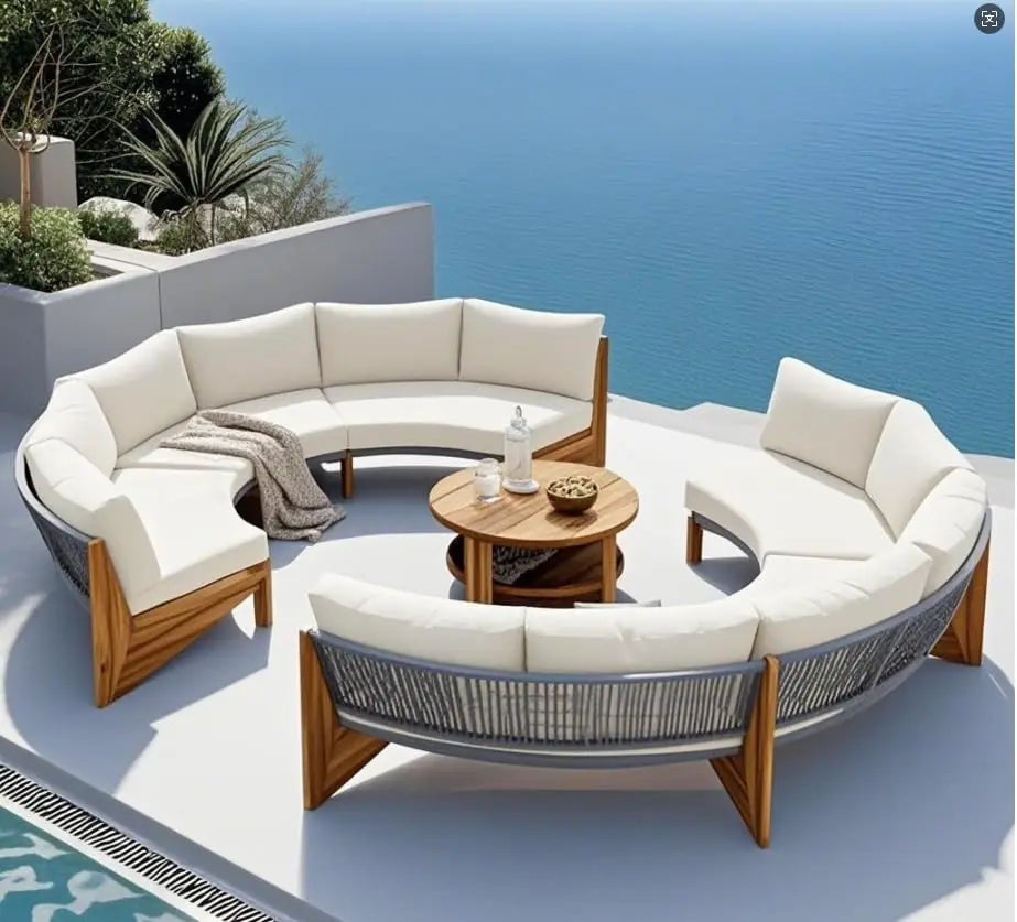 Acacia Wood Half Moon Outdoor Sofa Set With Coffee Table