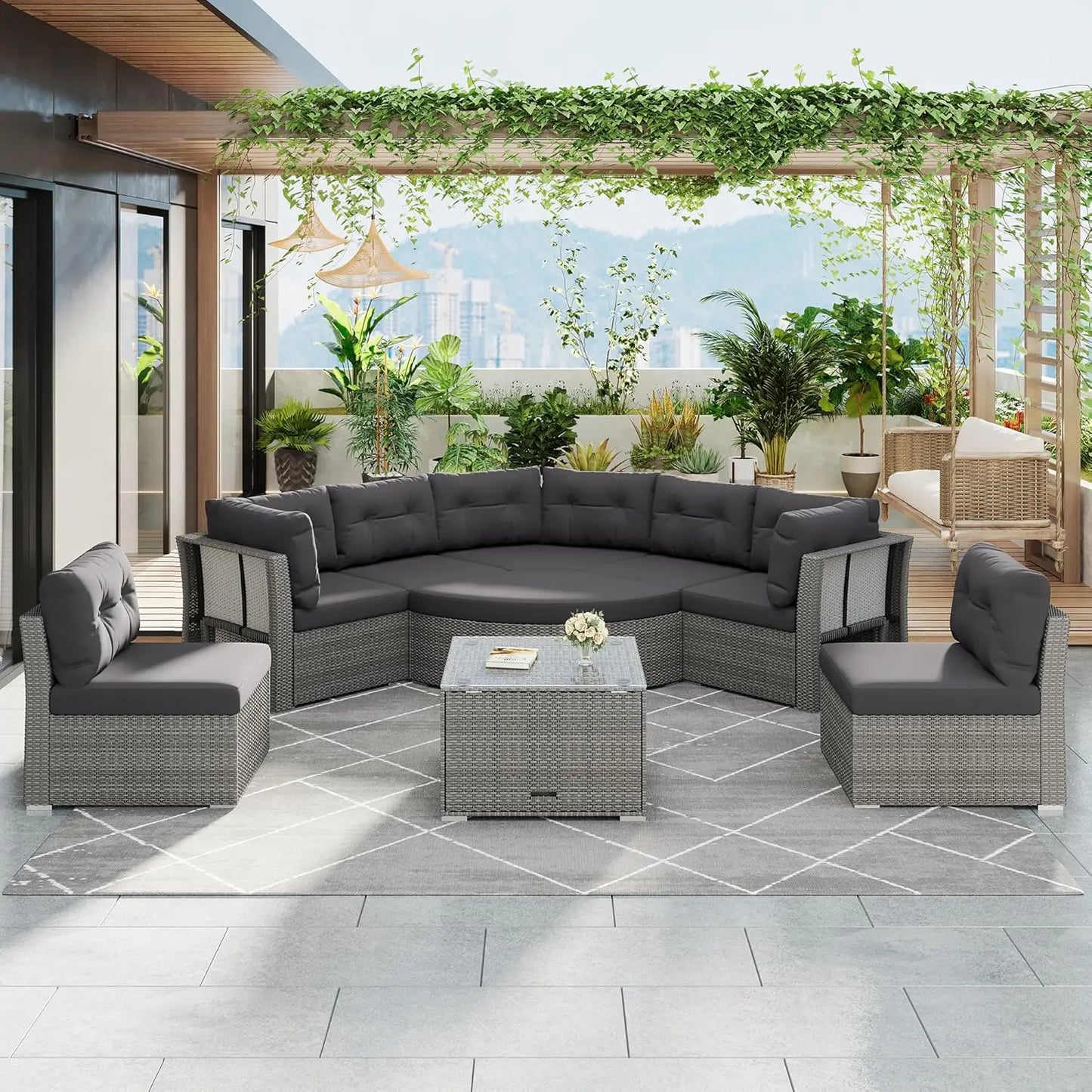 Acacia Wood Half Moon Outdoor Sofa Set With Coffee Table