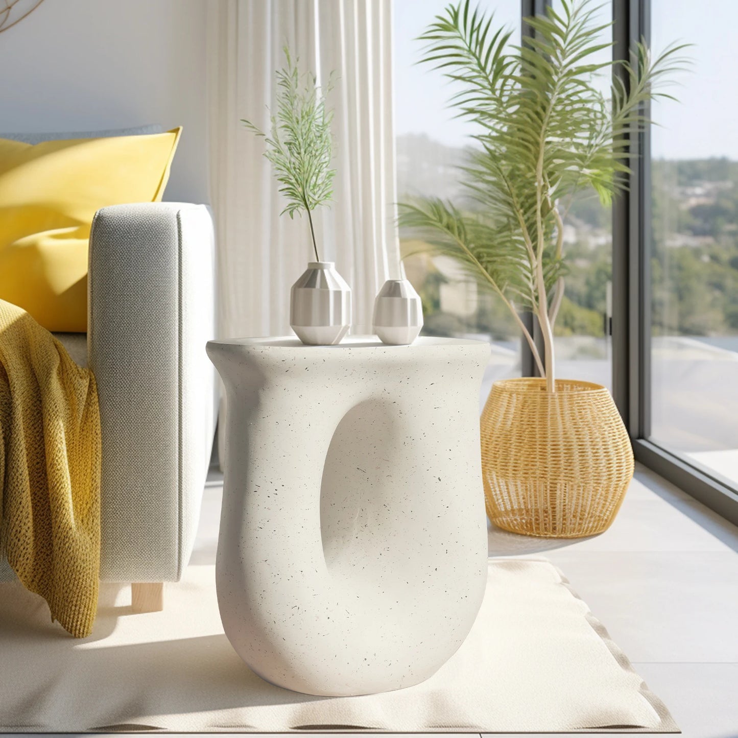 Contemporary Stone Geometric U Shaped Side End Accent Table
