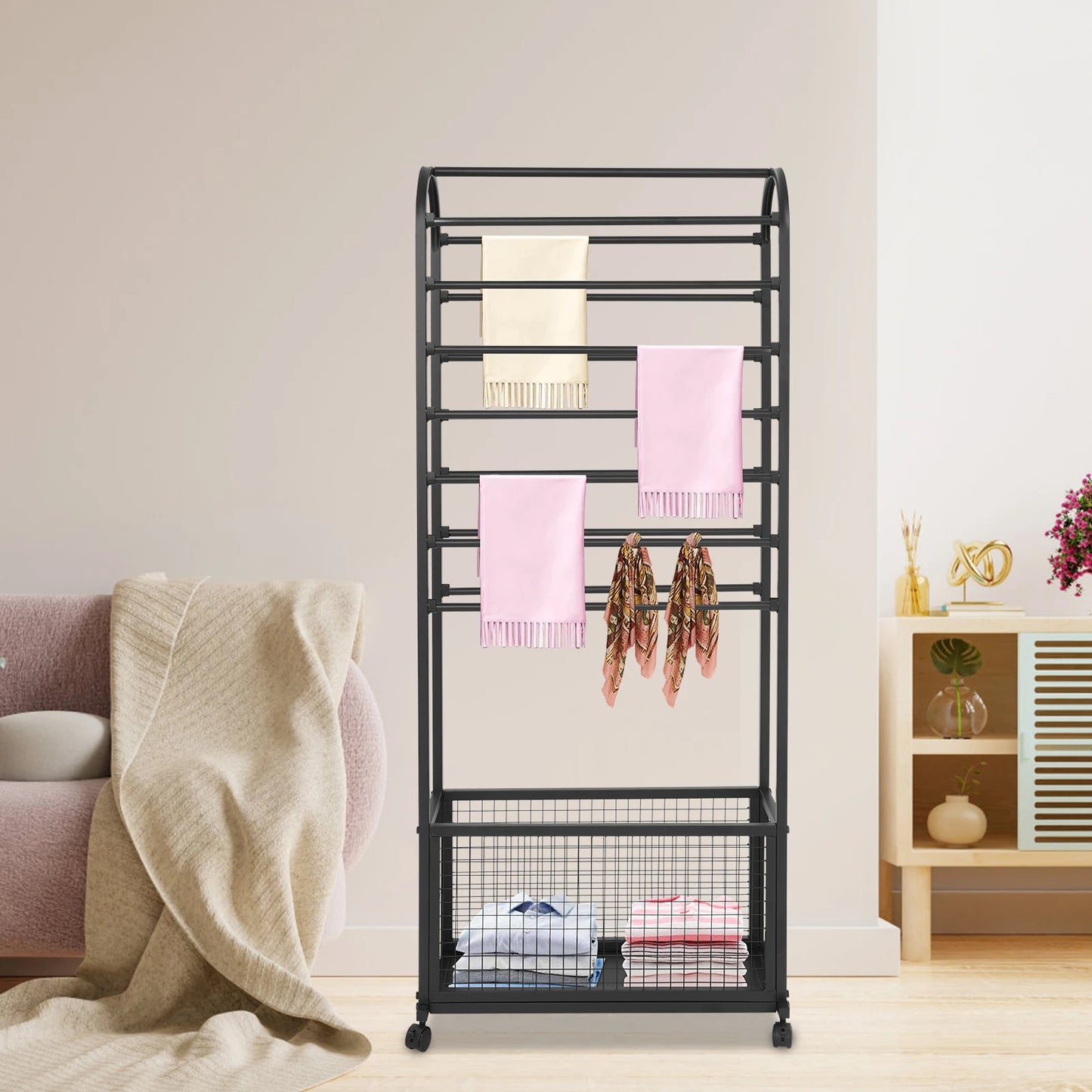 Iron Multi-Rod Rolling Ribbon Holder Organizer Rack With Storage Basket