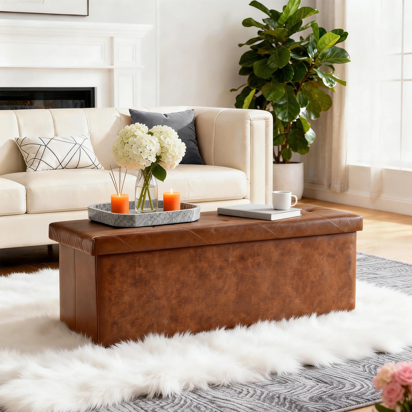 Sarenzoon Tufted Faux Leather Storage Folding Footrest Ottoman