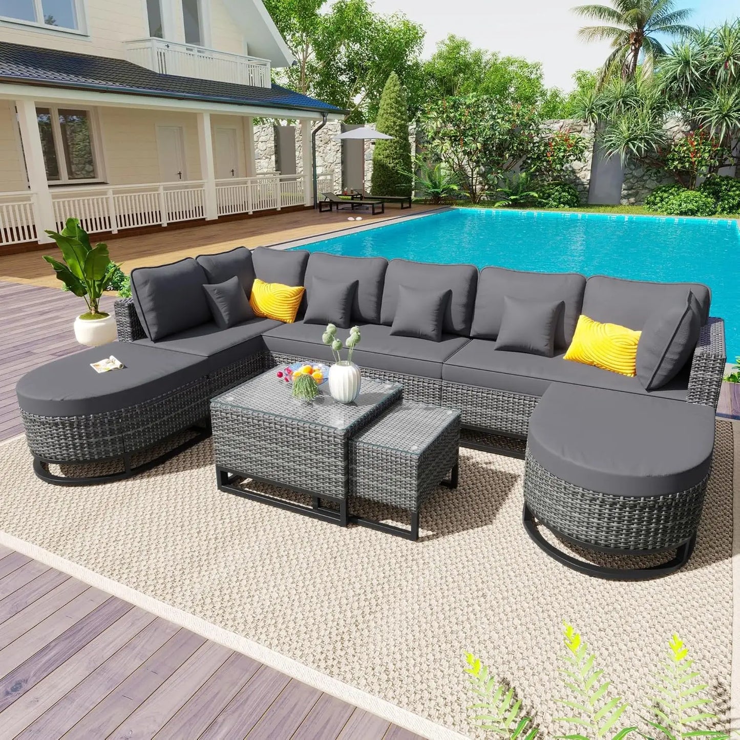 Acacia Wood Half Moon Outdoor Sofa Set With Coffee Table