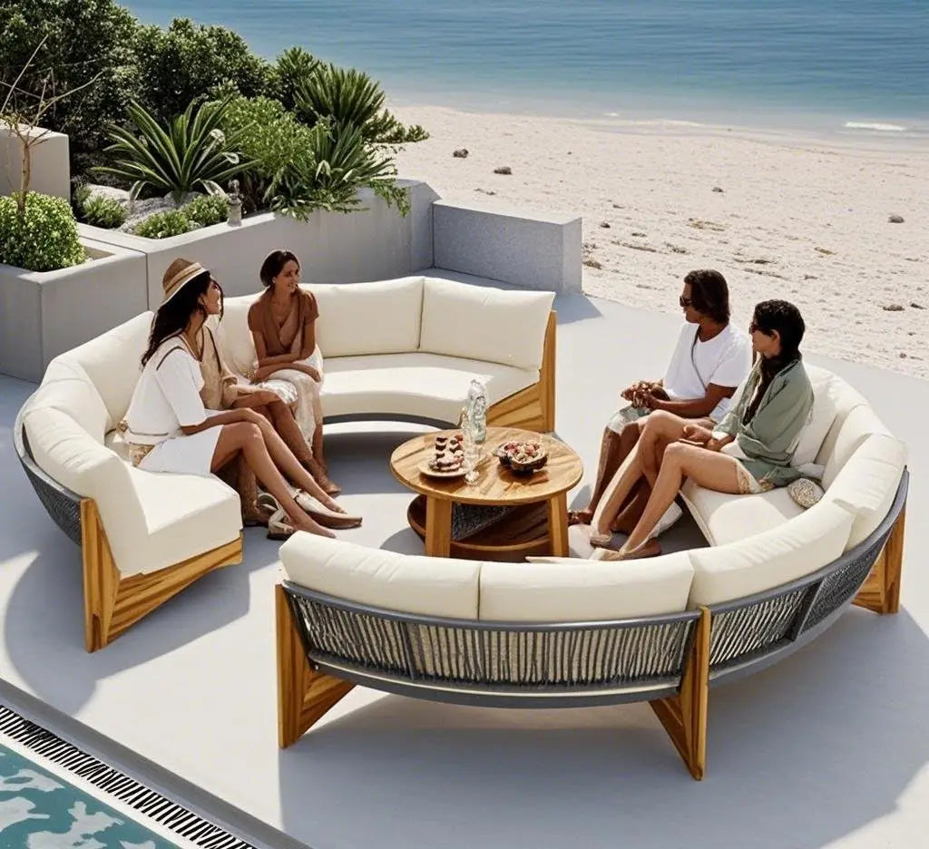 Acacia Wood Half Moon Outdoor Sofa Set With Coffee Table