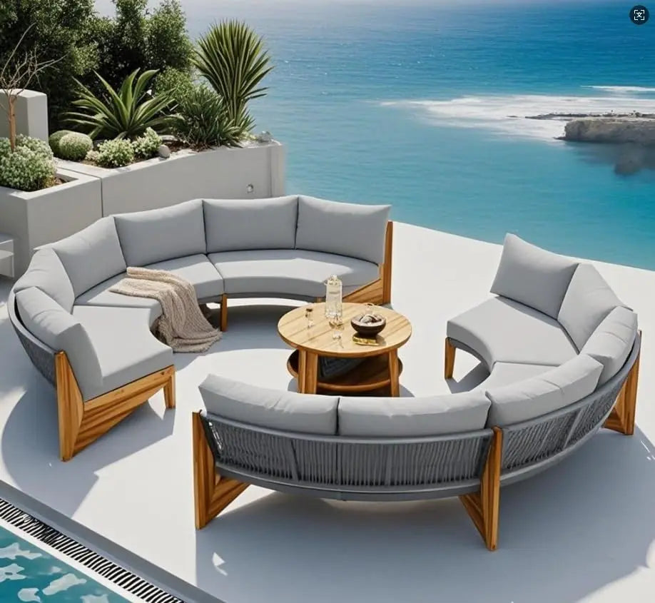 Acacia Wood Half Moon Outdoor Sofa Set With Coffee Table