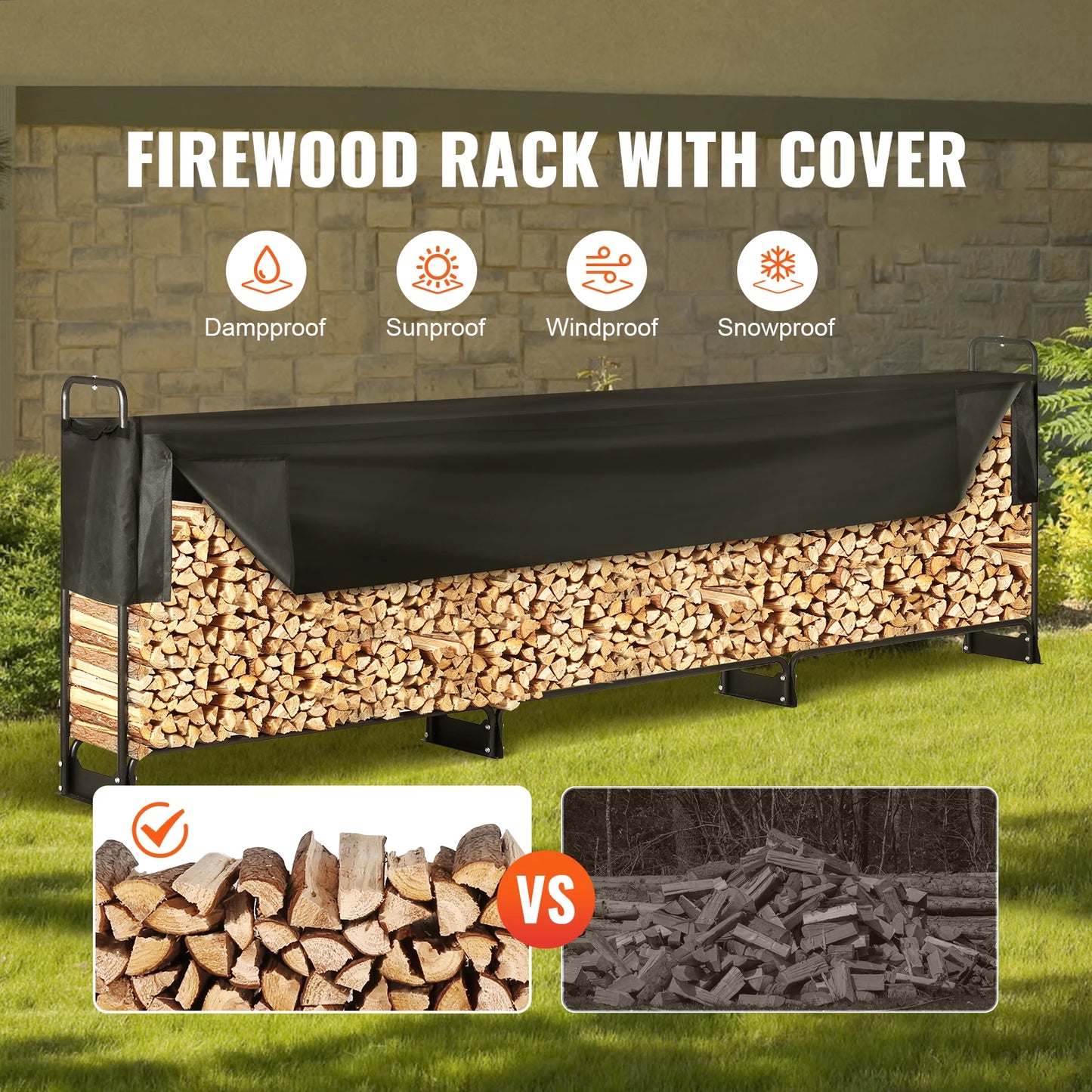 SucceBuy Outdoor Firewood Storage Rack With Waterproof Cover