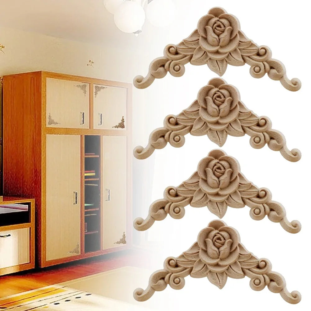 Natural Carved Wooden Floral Corner Wall Decor Applique Set