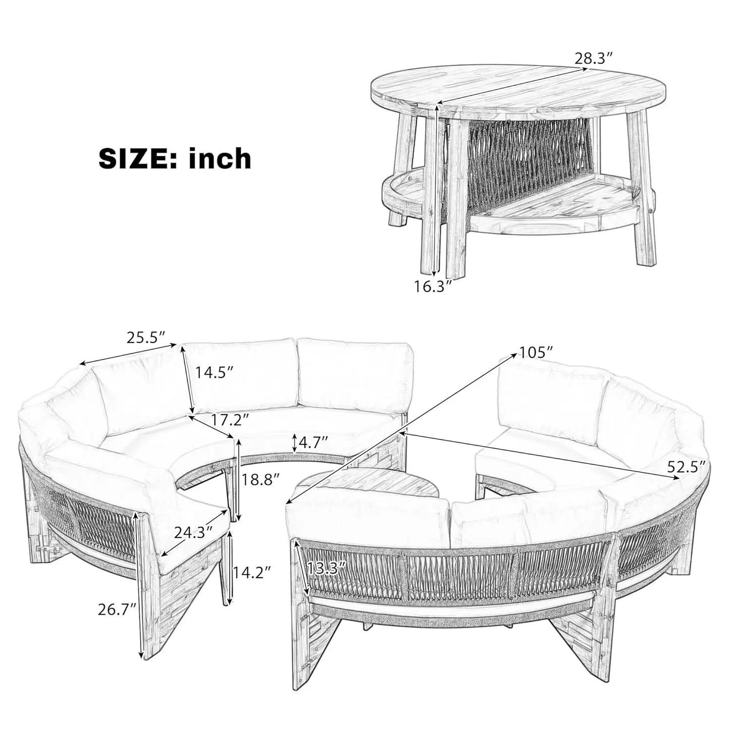 Acacia Wood Half Moon Outdoor Sofa Set With Coffee Table
