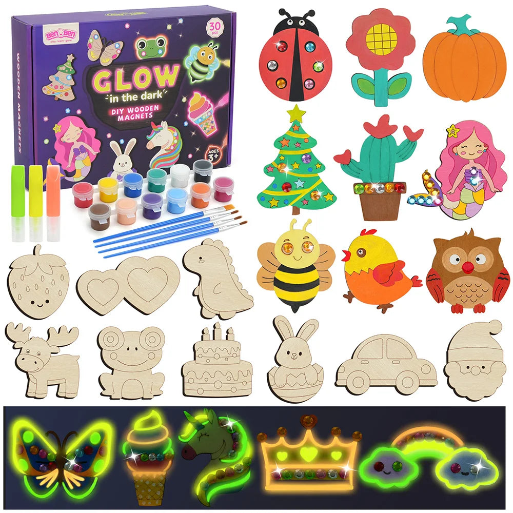 Kids Wooden Magnet Craft Kit With Glow Paint And Brushes