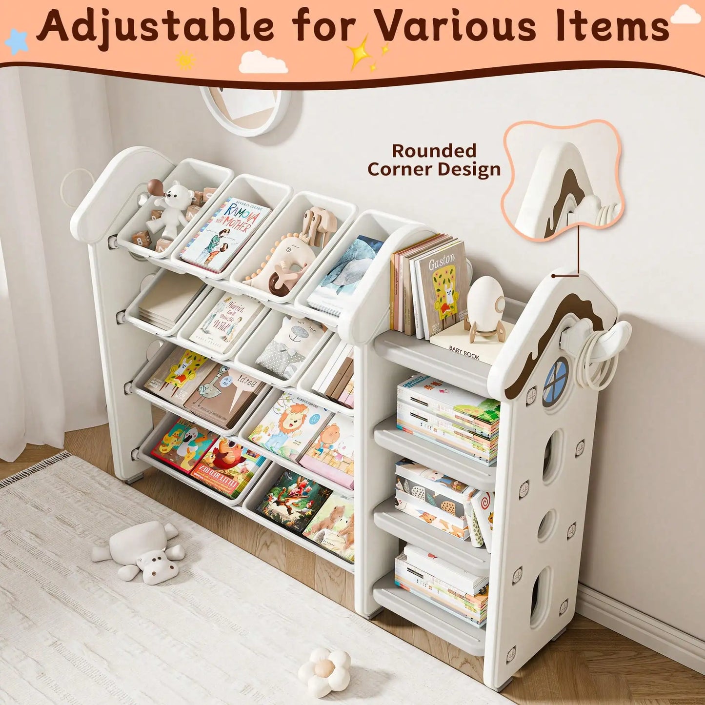Toy Storage 10 Removable Bins 3 Tier Bookshelf Drawing Board
