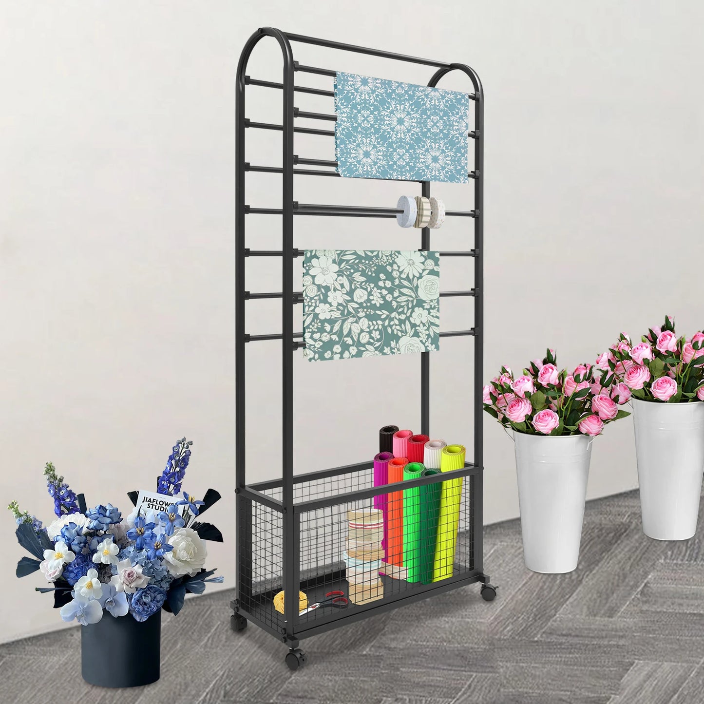 Iron Multi-Rod Rolling Ribbon Holder Organizer Rack With Storage Basket