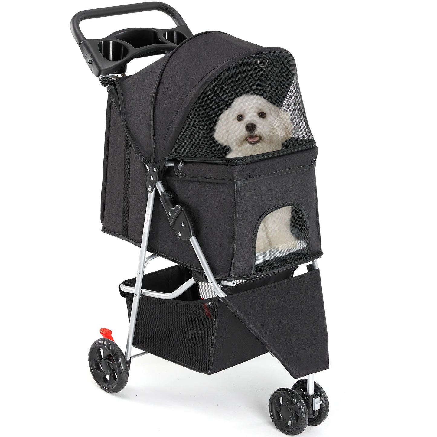 Foldable Pet Stroller With Three Shock Absorbing Wheels And Basket