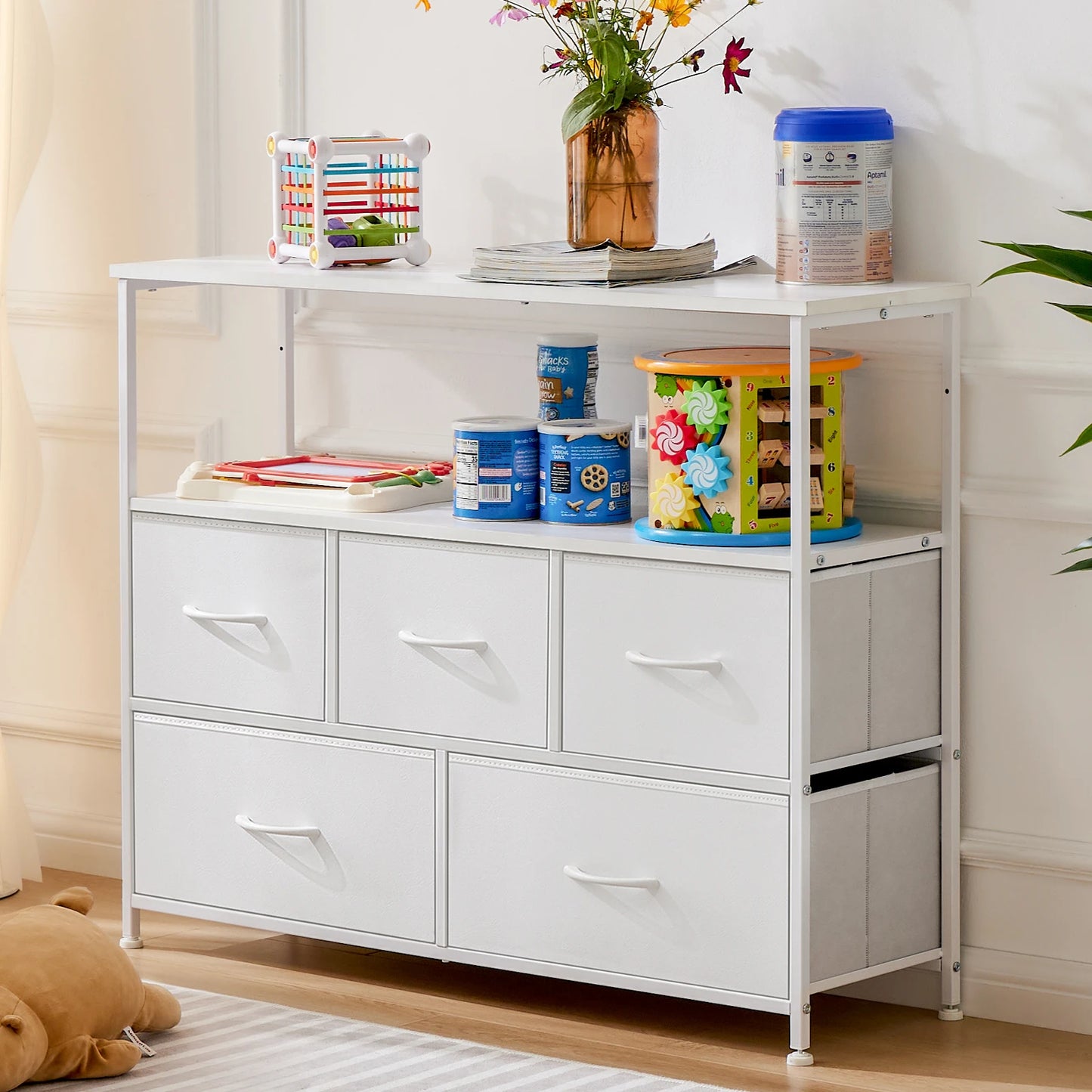 JHK Modern Metal Fireplace TV Stand With Fabric Drawers