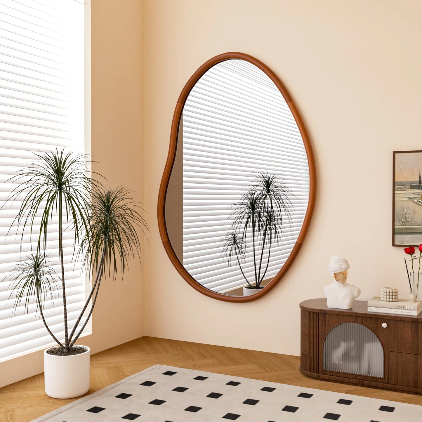 Mid Century Asymmetrical Wood Frame Wall Mirror Decorative Accent