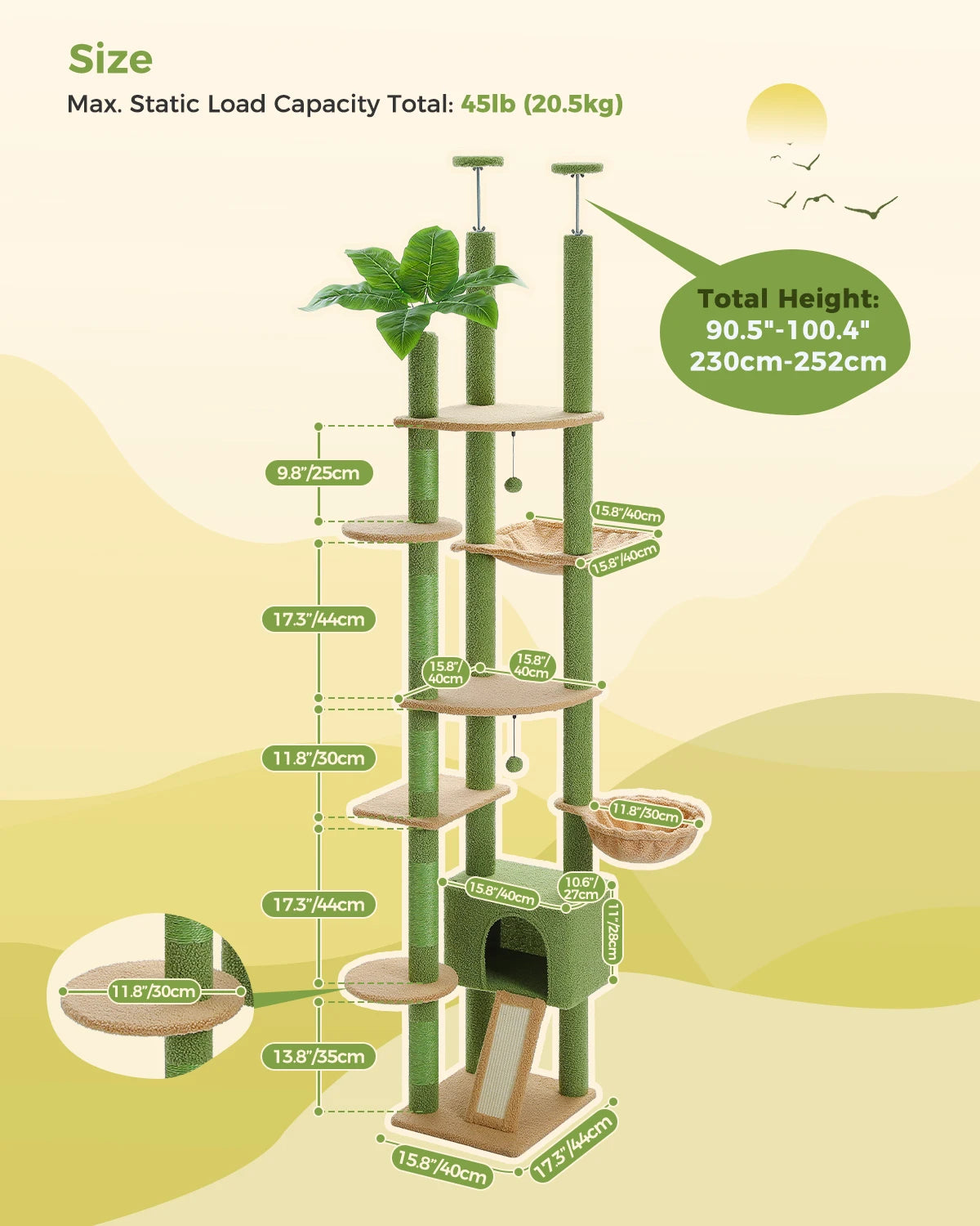 PEQULTI Floor To Ceiling Cat Tower With Sisal Scratcher