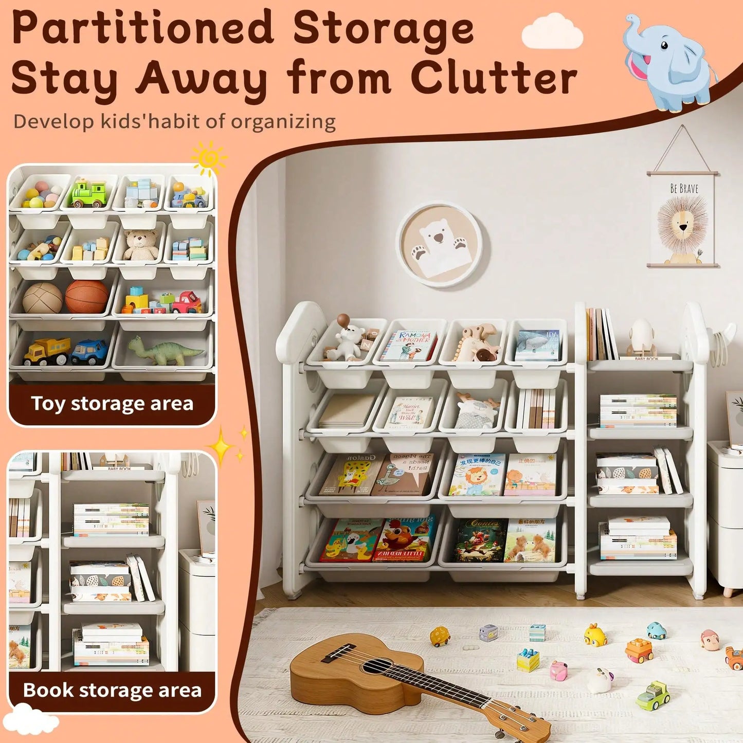 Toy Storage 10 Removable Bins 3 Tier Bookshelf Drawing Board