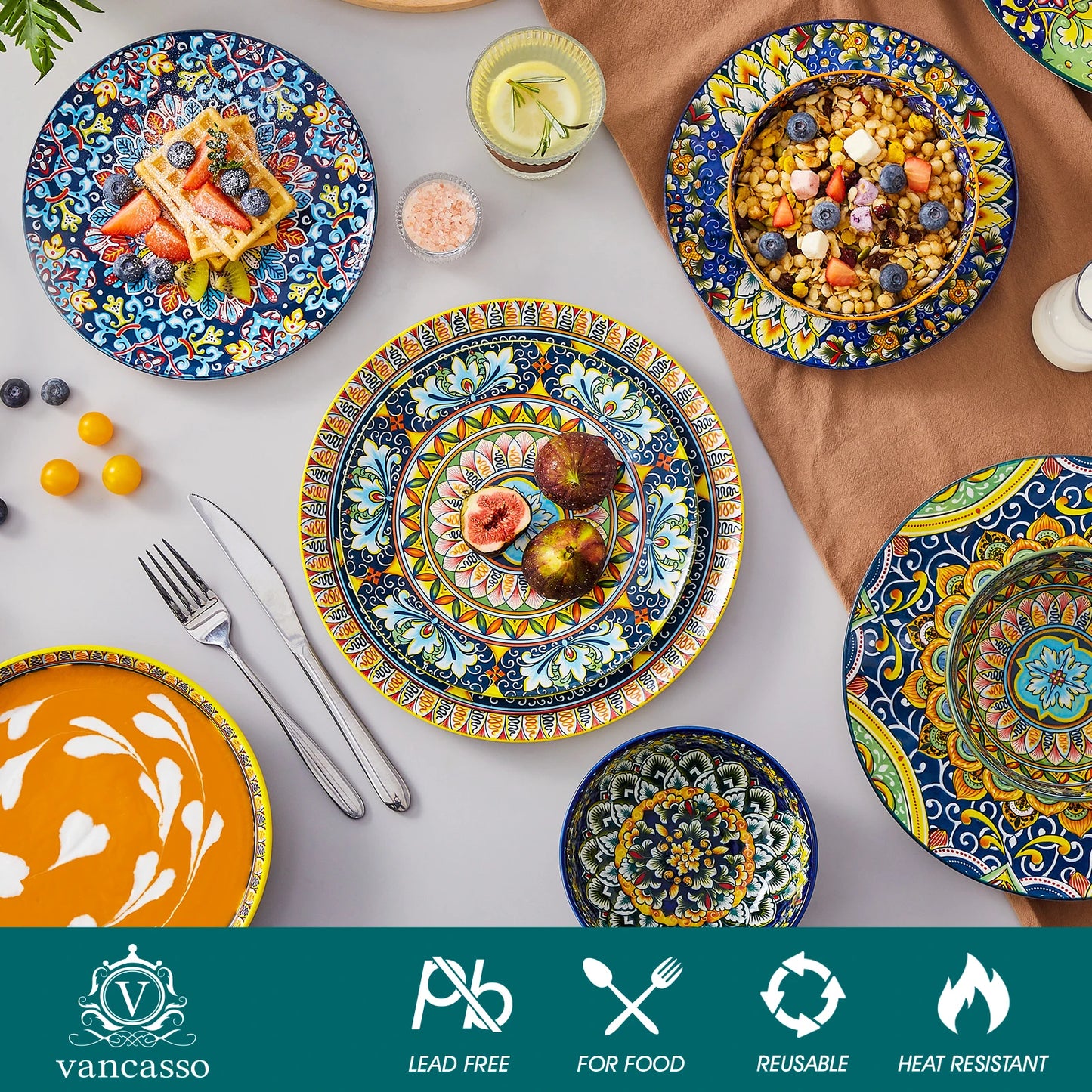 Malacasa 24 Piece Bohemian Porcelain Dinnerware Set With Plant Pattern