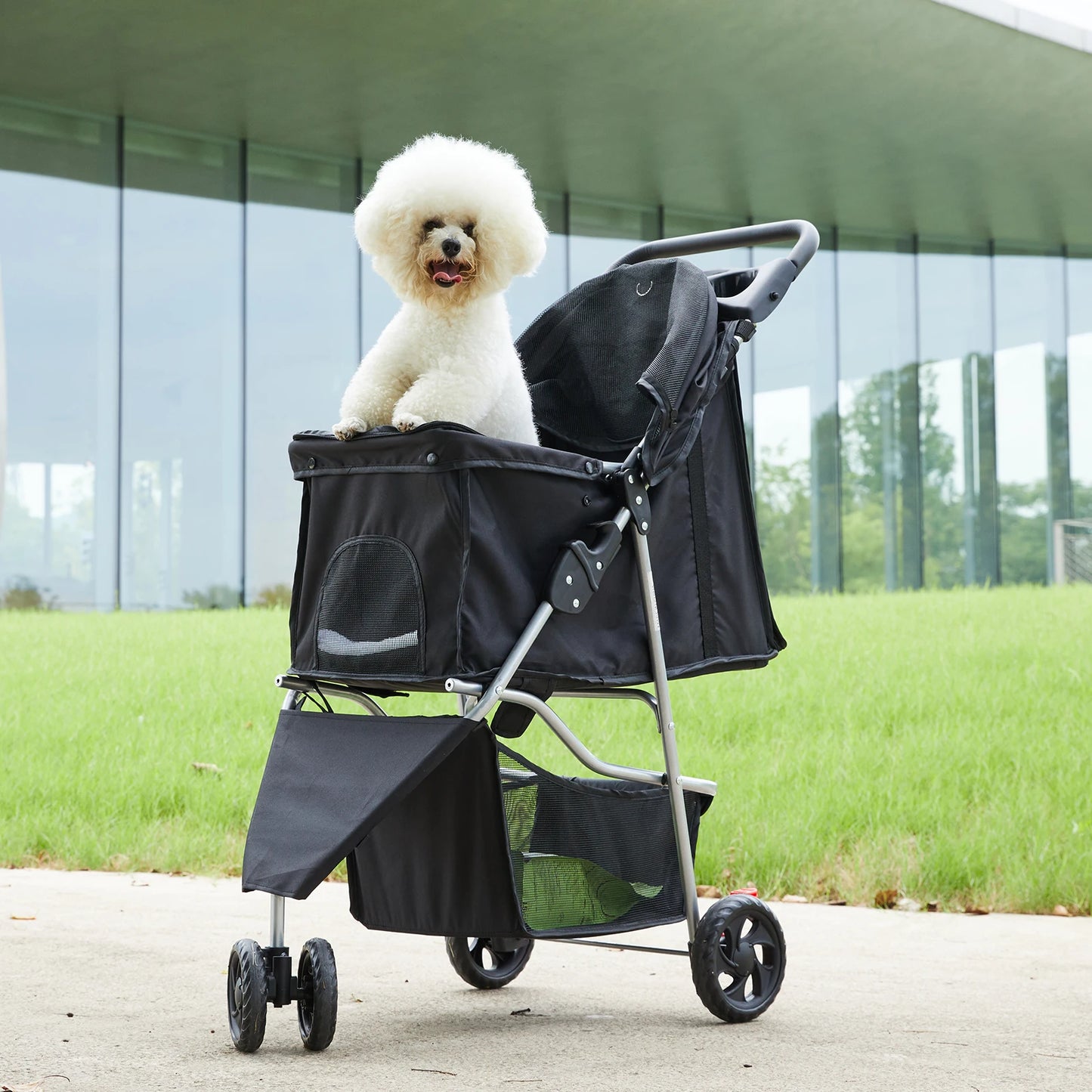 Foldable Pet Stroller With Three Shock Absorbing Wheels And Basket