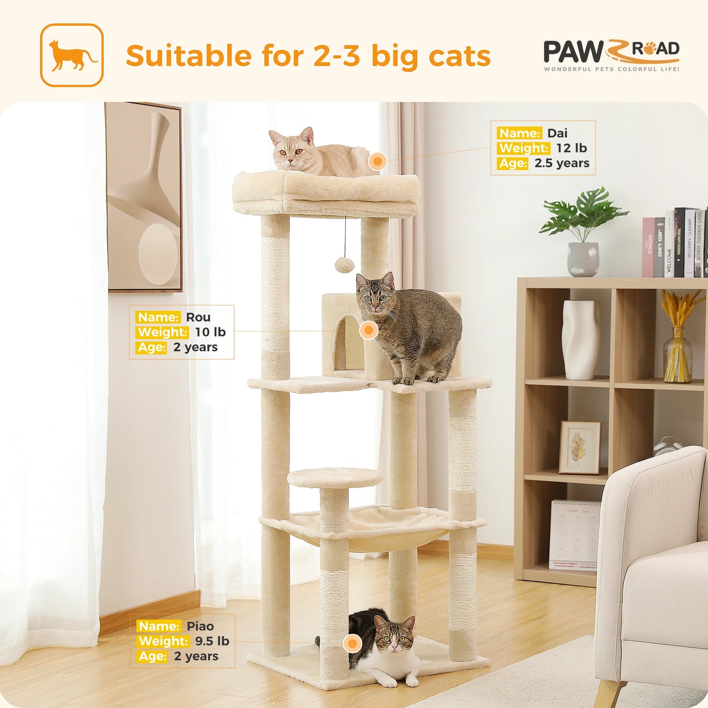 PawZ Road 5 Level Cat Tree Tower Hammock Sisal Posts