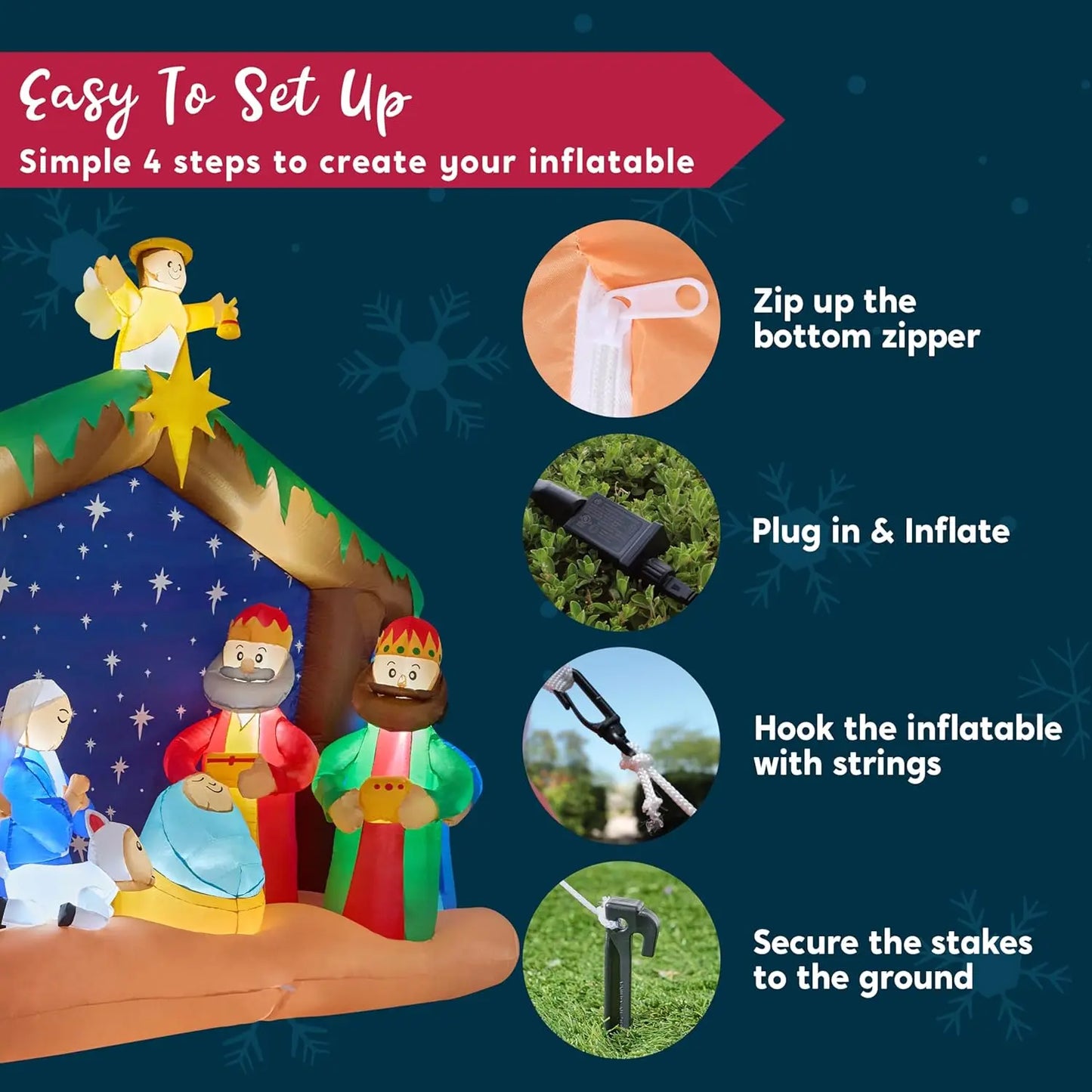 Joyfy 8ft Long Christmas Inflatables Nativity Scene With Build-In LEDs