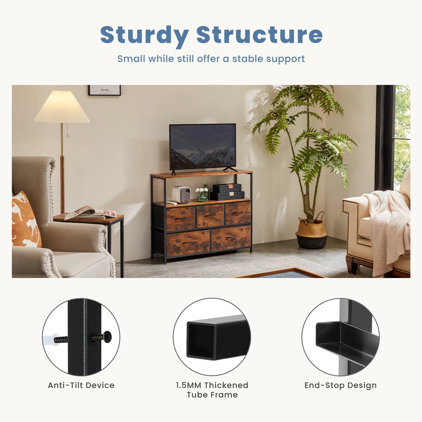 JHK Modern Metal Fireplace TV Stand With Fabric Drawers
