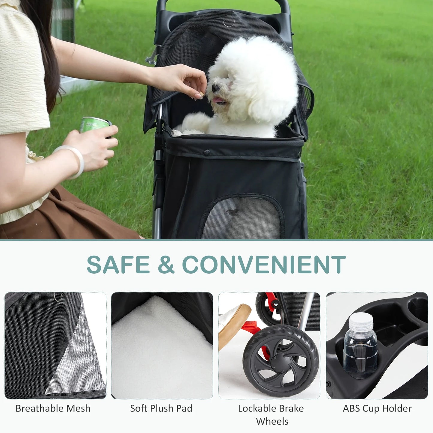 Foldable Pet Stroller With Three Shock Absorbing Wheels And Basket