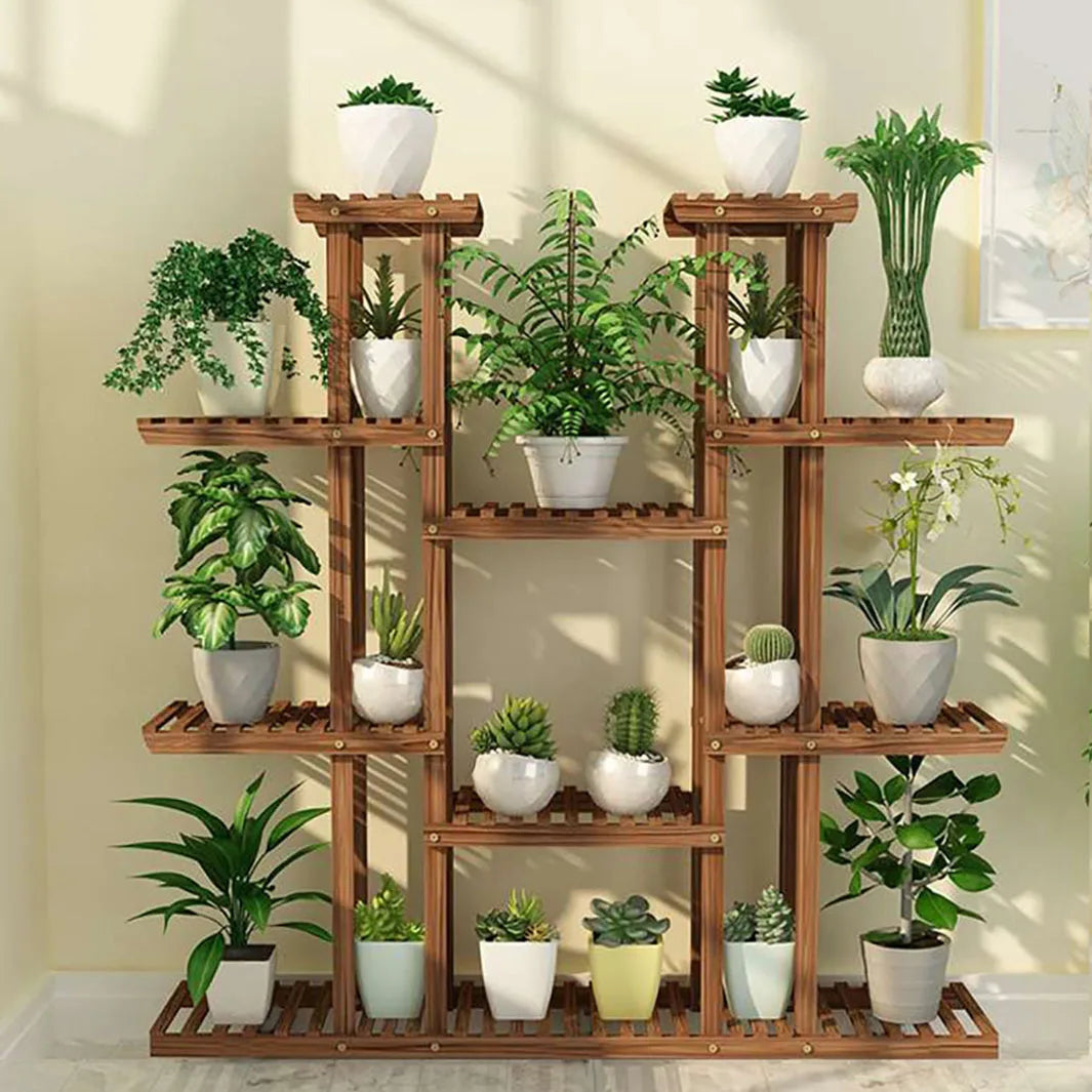 Elevated Wood Plant Stand For Indoor Outdoor Garden Pot Display