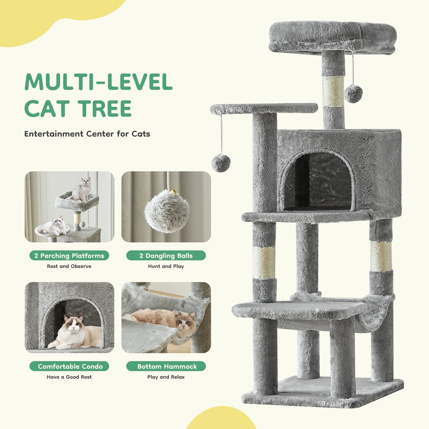 JHK Four Tier Cat Tree With Natural Sisal Scratching Post