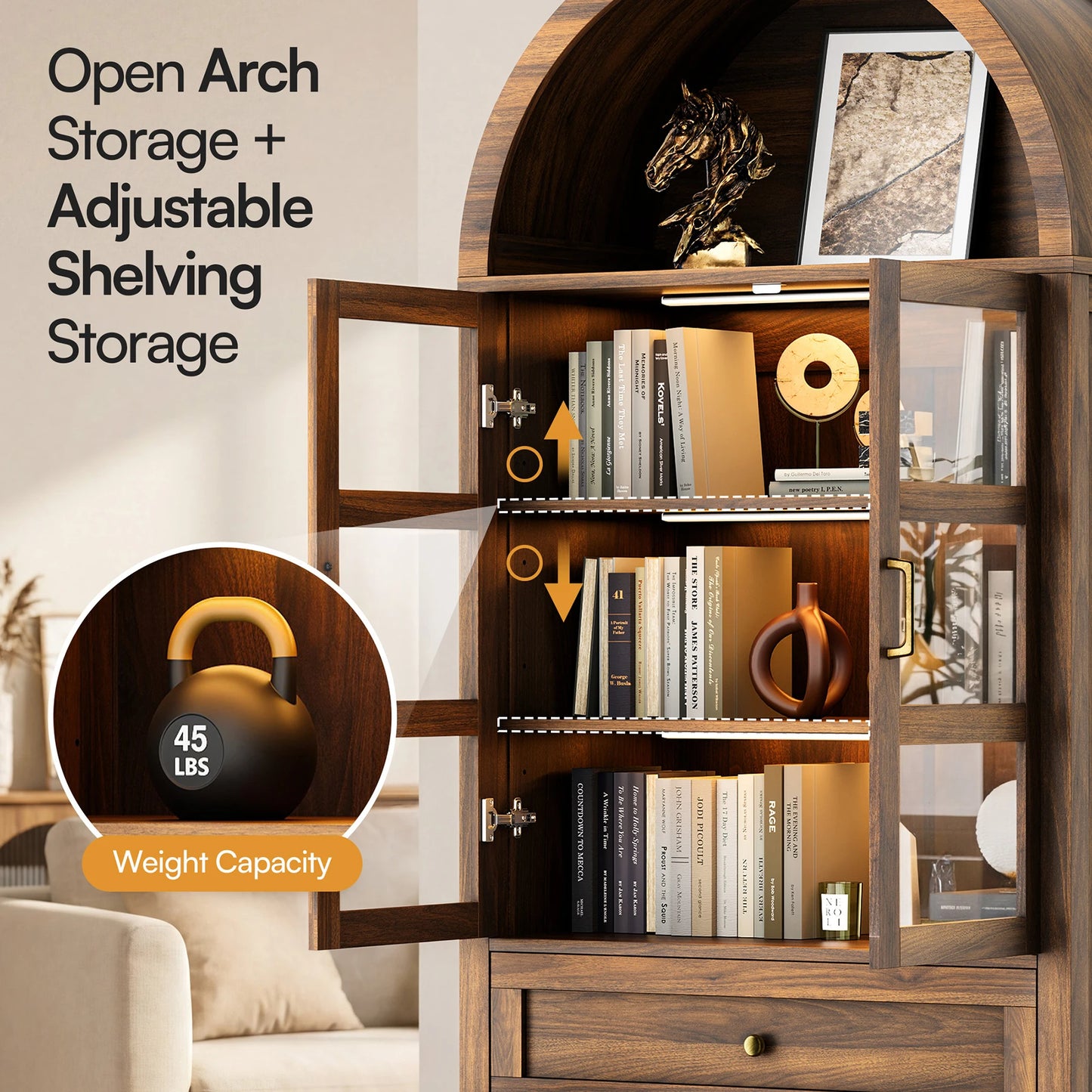 Cottinch Arched Wood Cabinet Featuring Led Lights And Adjustable Shelves