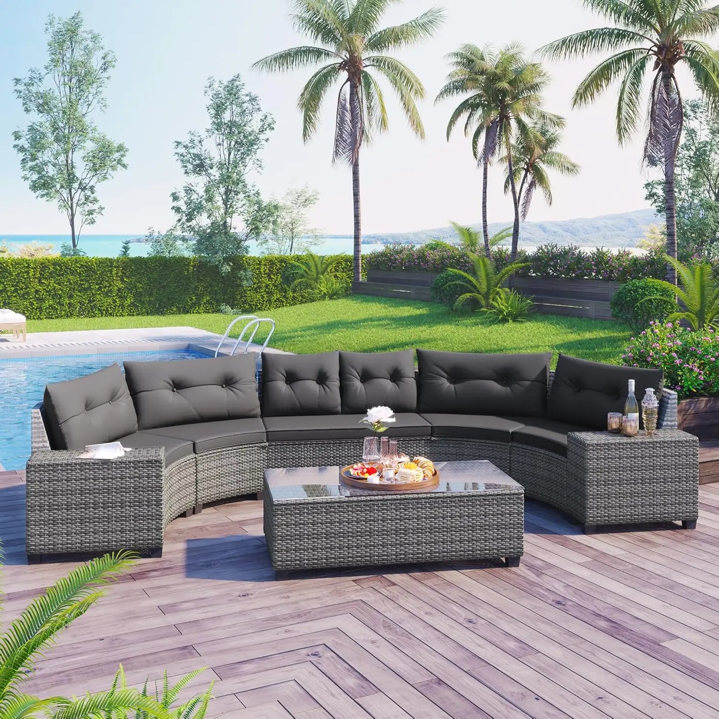Acacia Wood Half Moon Outdoor Sofa Set With Coffee Table