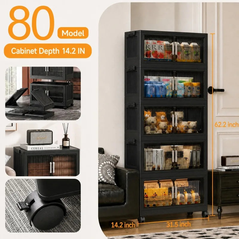 Five Tier Foldable Storage Cabinet With Wheels And Double Doors