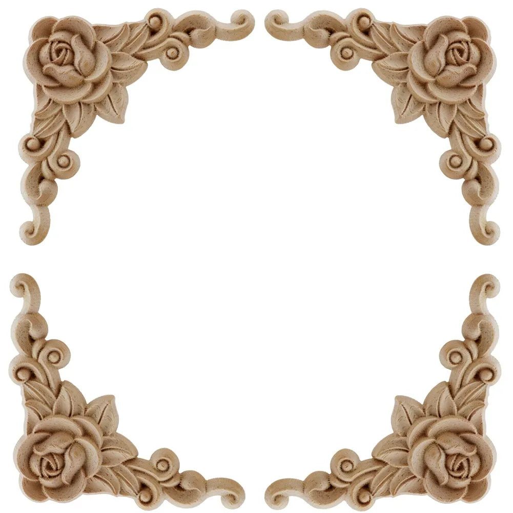 Natural Carved Wooden Floral Corner Wall Decor Applique Set