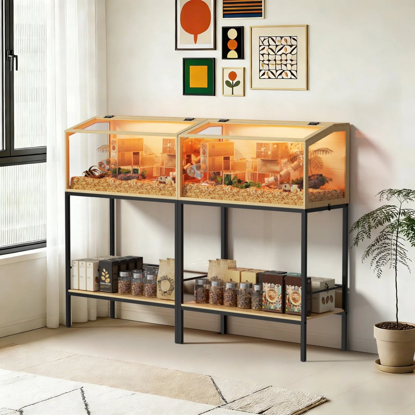 Wooden Hamster Habitat With Led Lighting And Storage Shelf