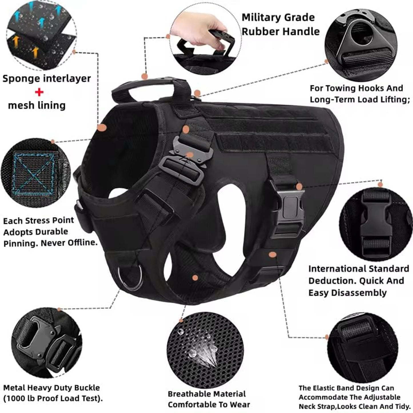 Tactical Padded Nylon Dog Harness Vest With Molle Pouches