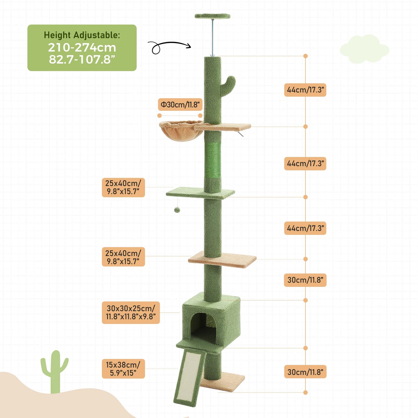 PEQULTI Floor To Ceiling Cat Tower With Sisal Scratcher
