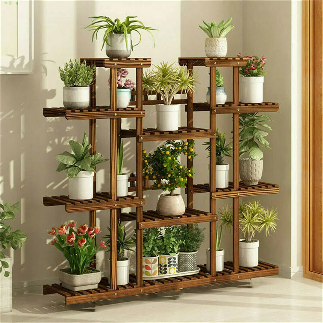 Elevated Wood Plant Stand For Indoor Outdoor Garden Pot Display