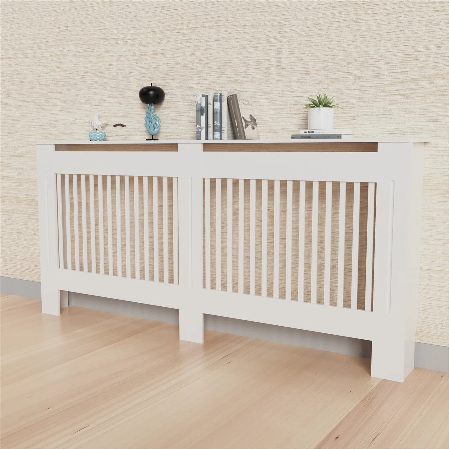 Modern Wood Radiator Cover With Decorative Grill And Storage Shelf
