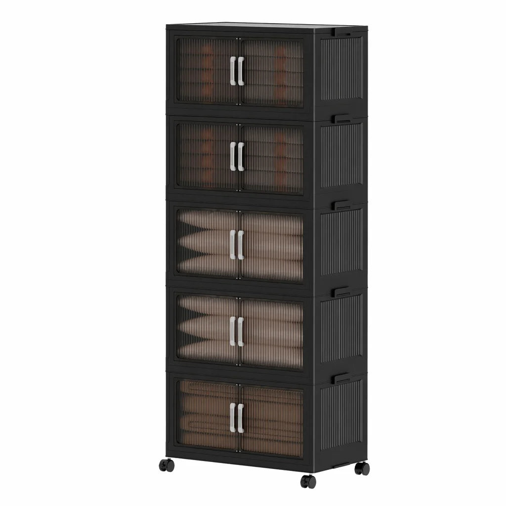 Five Tier Foldable Storage Cabinet With Wheels And Double Doors
