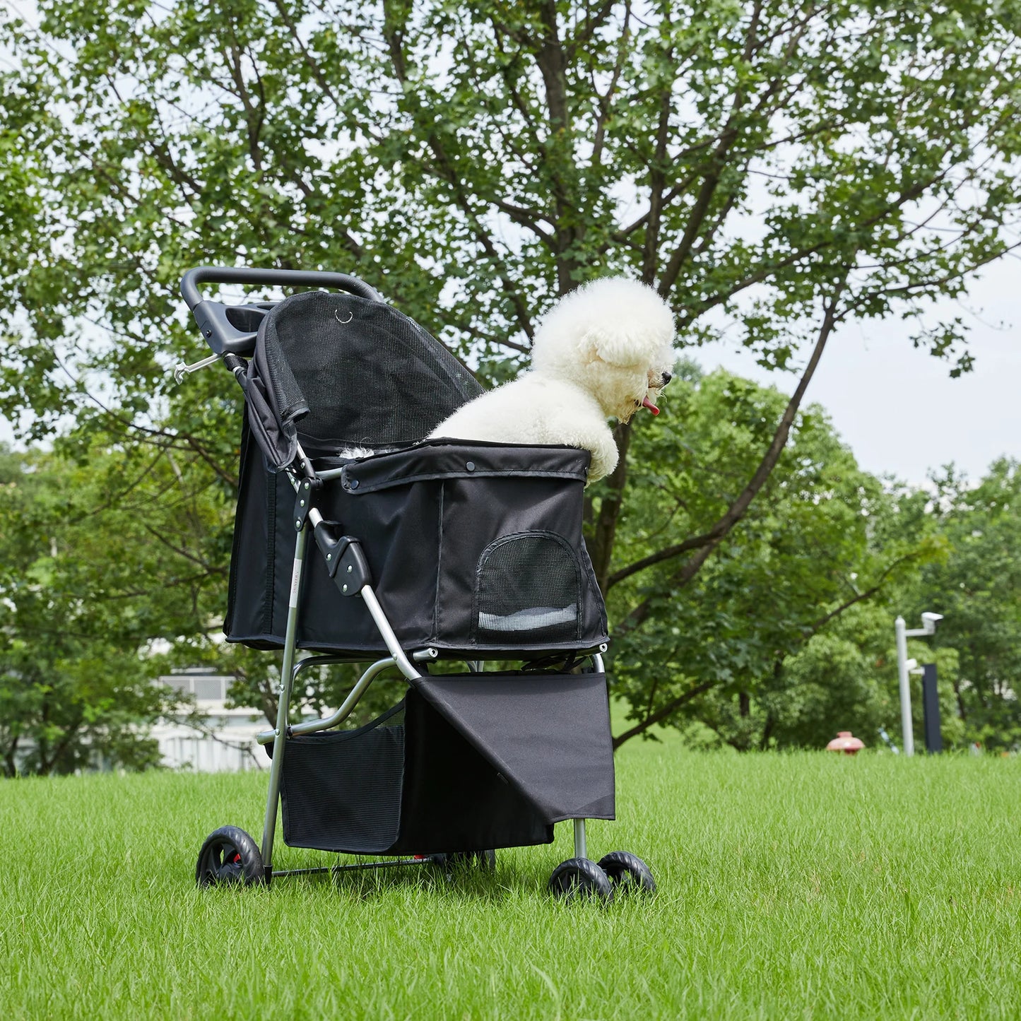 Foldable Pet Stroller With Three Shock Absorbing Wheels And Basket