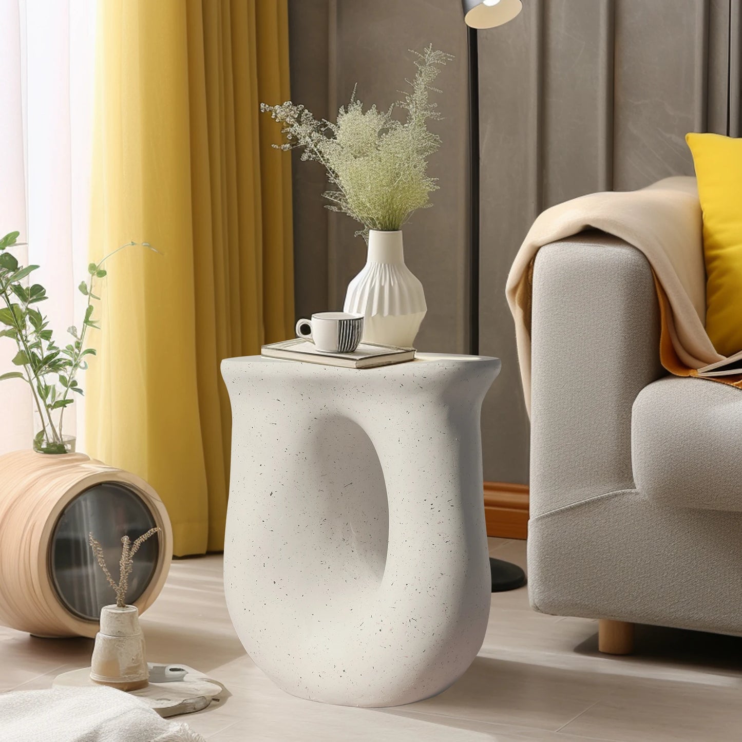 Contemporary Stone Geometric U Shaped Side End Accent Table