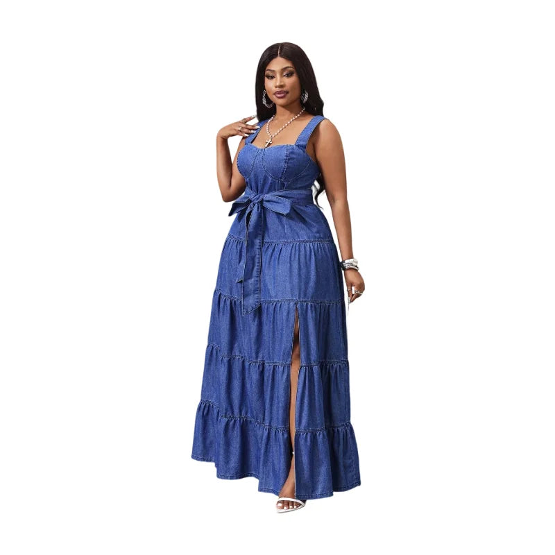 Women Square Neck Sleeveless Tiered Maxi Dress Front Slit Polyester