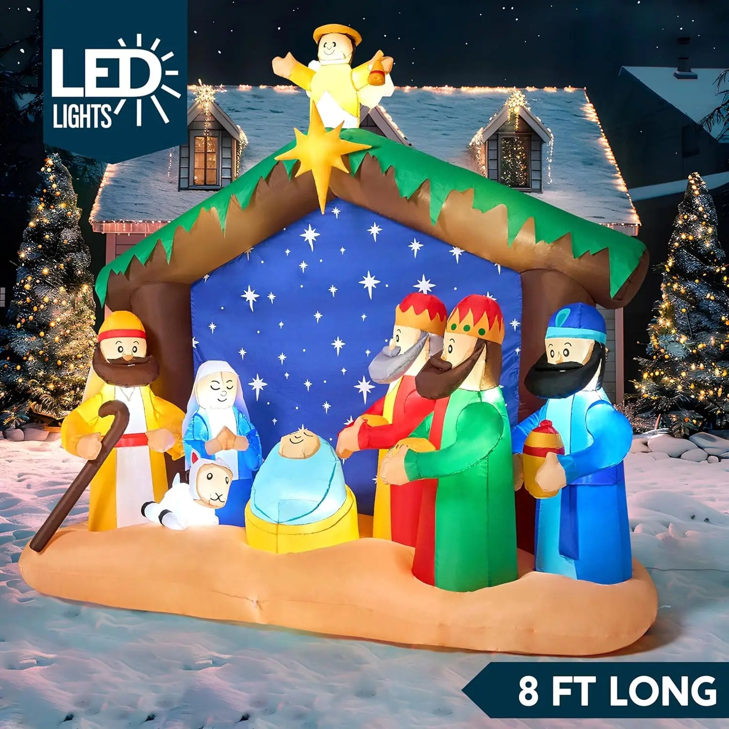 Joyfy 8ft Long Christmas Inflatables Nativity Scene With Build-In LEDs