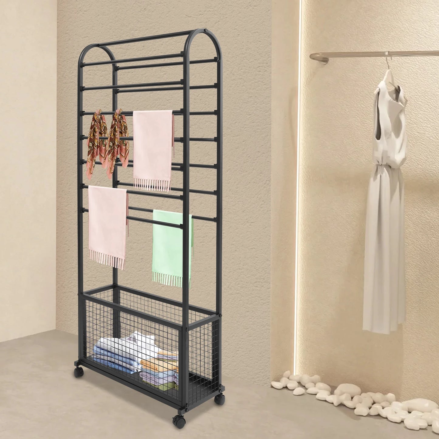Iron Multi-Rod Rolling Ribbon Holder Organizer Rack With Storage Basket