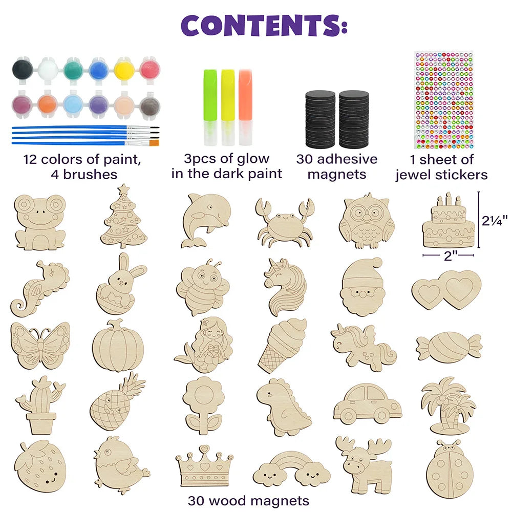 Kids Wooden Magnet Craft Kit With Glow Paint And Brushes