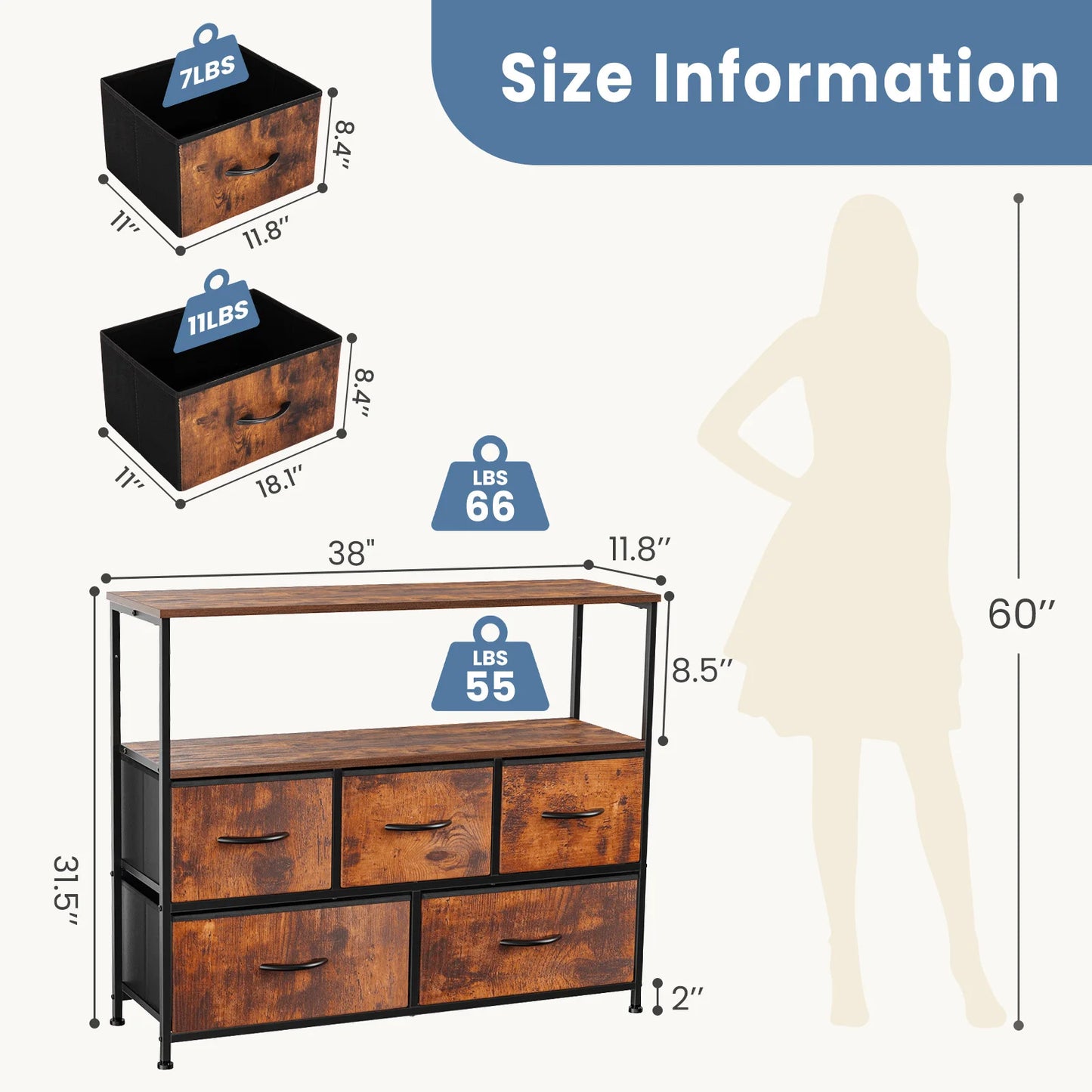 JHK Modern Metal Fireplace TV Stand With Fabric Drawers